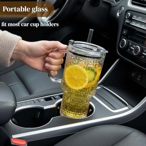 4 Pack Glass Tumblers, 17 Oz Drinking Glass Mugs | Reusable Iced Coffee Cups with Handle, Lid, Straw and Brush, Diamond Pattern Mugs for Cold Hot Beverages Smoothies
