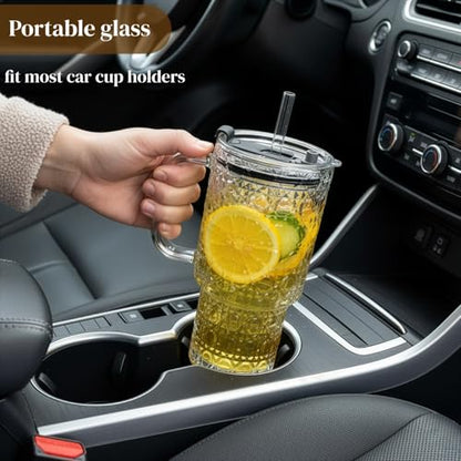4 Pack Glass Tumblers, 17 Oz Drinking Glass Mugs | Reusable Iced Coffee Cups with Handle, Lid, Straw and Brush, Diamond Pattern Mugs for Cold Hot Beverages Smoothies