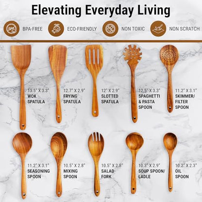 DADU BADU Teak Wooden Utensil Set of 10 – Non-Toxic Cooking Spoons & Spatulas for Nonstick Pans – Includes Pasta Spoon, Ladle, Skimmer – Premium Wood Kitchen Gift Set with Holder | Non-Toxic Cooking Spoons & Spatulas, for Nonstick Pans, Includes Pasta Spo