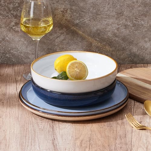 E-far 35oz Stoneware Pasta Bowls Set of 4, Double Reactive Glaze | Wide & Shallow Ceramic Pasta Plates for Serving Salad Soup Dinner, Dishwasher & Microwave Safe, Multicolor - color: Multicolor