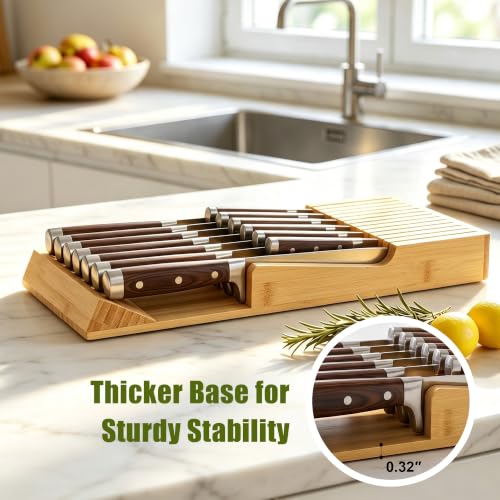 Bamboo Kitchen Drawer Knife Block, In drawer Knife Holder, Knife Drawer Organizer fit for 13 knives | Compact design,13 Slots, Thicker Base Board, Drawer Holder Storage For Steak, Paring, Bread Knives - size: 13 Slots Knife Holder