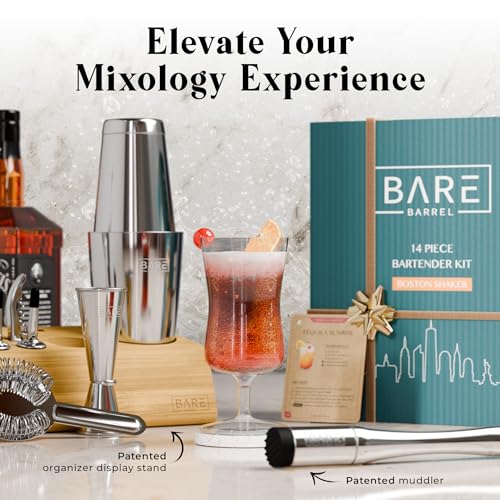 BARE BARREL® Mixology Bartender Kit Bar Set | 14-Piece Cocktail Shaker Set | Martini Barware Mixing Tools for Home Bartending | Incl. 35 Recipe Cards | Gift Set (28oz Boston Shaker, Silver/Natural) - color: Silver/Natural