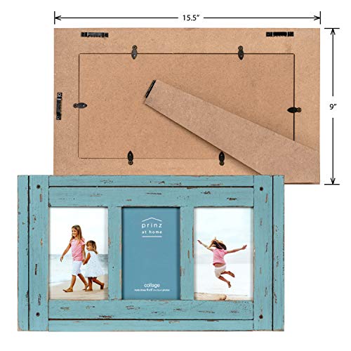 Prinz Homestead Blue 3-Opening Collage Picture Frame 4x6 Photos - Distressed Wood Two-Way Easel Wall Tabletop Display - color: Distressed Blue