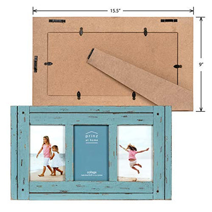 Prinz Homestead Blue 3-Opening Collage Picture Frame 4x6 Photos - Distressed Wood Two-Way Easel Wall Tabletop Display - color: Distressed Blue