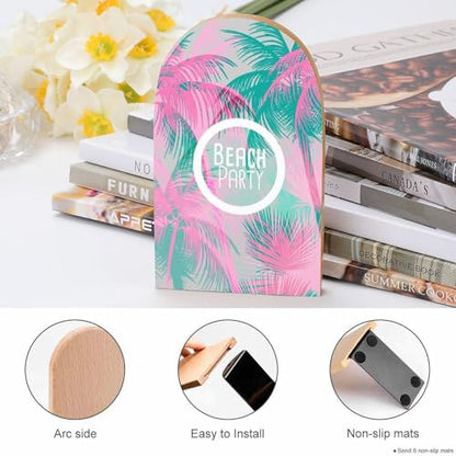 Heavy Duty Non-Slip Beech Wood Bookends, 1 Pair Adjustable Book Ends with Metal Base, Sturdy Book Organizer for Shelves, Home Office Library Tropical Background with Palm Tree - color: Tropical Background With Palm Tree