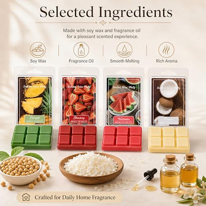 Summer Fruity Aroma Soy Wax Melts Set of 4,Each 85g = 3 oz Pineapple, Watermelon, Strawberry, Coconut Natural Scented Wax Tarts, Fragrance Diffusing Wax for Daily Use, Great for DIY Candle Making.