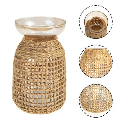 Baluue Decorative Glass Vase with Amber Inner Bottle and Woven Straw Cover, Small Tabletop Flower Arrangement Container for Home and Living Room Décor