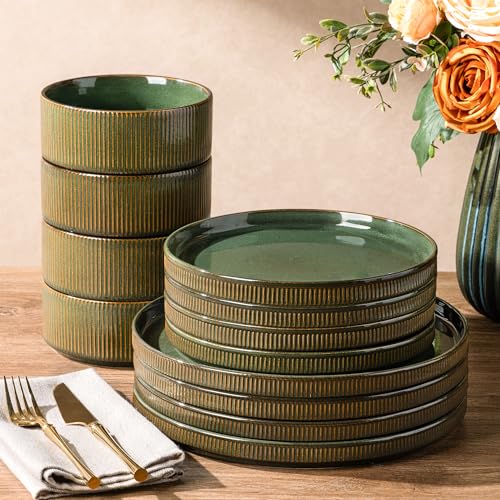 GBHOME Stoneware Dinnerware Sets for 4, 12 Pieces Plates and Bowls Set | Lightweight Ceramic Ribbed Dishes,Reactive Glaze Stackable Plate Set,Scratch Resistant,Microwave&Dishwasher Safe,Sage Green - color: Sage Green