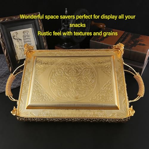 Decorative Serving Tray, Gold European Style Metal Serving Tray with Handles, Coffee Tea Beverage Serving Rectangle Tray, Cake Platter Serving Trays Food Platter Jewelry Tray