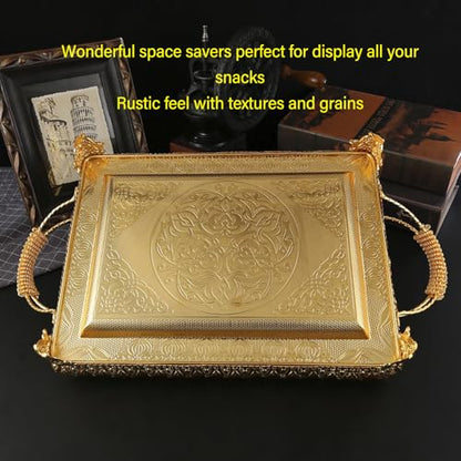 Decorative Serving Tray, Gold European Style Metal Serving Tray with Handles, Coffee Tea Beverage Serving Rectangle Tray, Cake Platter Serving Trays Food Platter Jewelry Tray