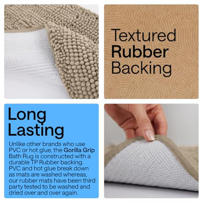 GORILLA GRIP Bathroom Rug Sets 3 Piece, Bath Mat Set and Oval Toilet Base with Rubber Backing, Plush Absorbent Shaggy Chenille Washable Mats, Includes 24x19.5, 24x17 and 30x20 Inch Rugs, Gray Beige - color: Gray Beige, style: 24"x19.5" + 24"x17" + 30"x20"