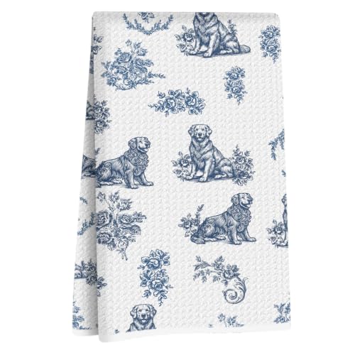 Chinoiserie Golden Retriever Kitchen Towels, Golden Retriever Gifts Decor | Reusable Dish Tea Towels, Blue and White Floral Grandmillennial Botanical Dog Hand Towels for Kitchen Bathroom, 14x24 Inch - color: Vintage Dog Floral