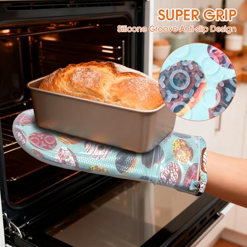 Silicone Oven Mitts Set Heat Resistant 2PCS Kitchen Mittens with Soft Cotton Lining Long Waterproof Non-Slip Oven Gloves for Cooking, BBQ, Baking-Donut - color: Donut