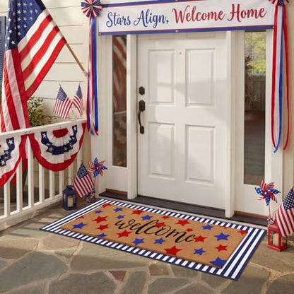 Tinideya 2 Pcs Long 4th of July Layered Outdoor Doormat 47"x17" 250th Anniversary Patriotic Star Coir Welcome Mat with Red White Blue Stripe Rug for Memorial Day Front Porch Entryway Home Decor - style: Stripe