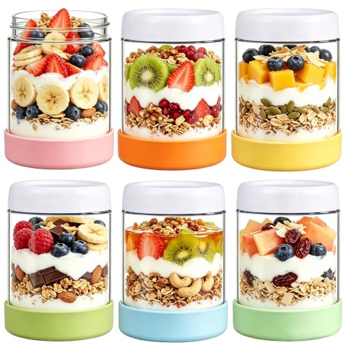 6-Pack 16oz Glass Overnight Oats Containers with Lids and Silicone Sleeves | Wide Mouth Meal Prep Jars for Yogurt Chia Salad Snacks Sugar - Leakproof Stackable Mason Jars Sugar and Creamer Set - size: 16oz