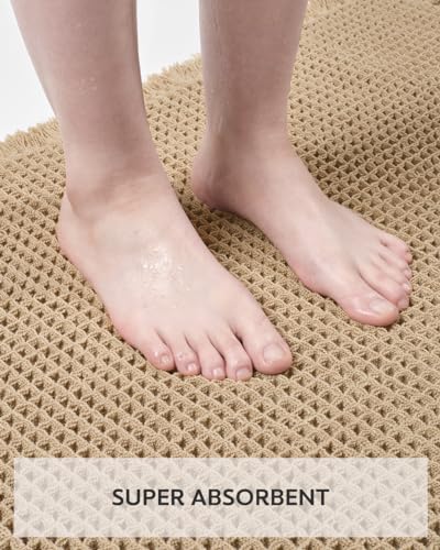 Waffle Bath Mat, Super Absorbent Non Slip Bath Mat Ultra Soft Bathmat Machine Washable Bath Rugs with Tassels, Beside Tub, 20" x 32", Brown - color: Brown, size: 20" x 32"