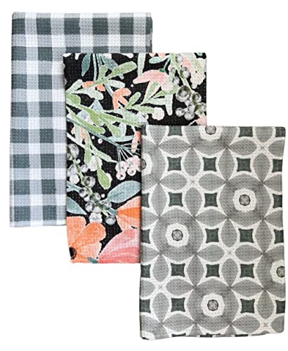 Kitchen Towels, Dish Towels for Kitchen, 3 Pc Kitchen Towel Set | Microfiber Waffle Towels, 16 x 26 inches, with Hanging Loops, Reusable Tea Towels, Cute Kitchen Towels - 3 Pack - color: Pewter