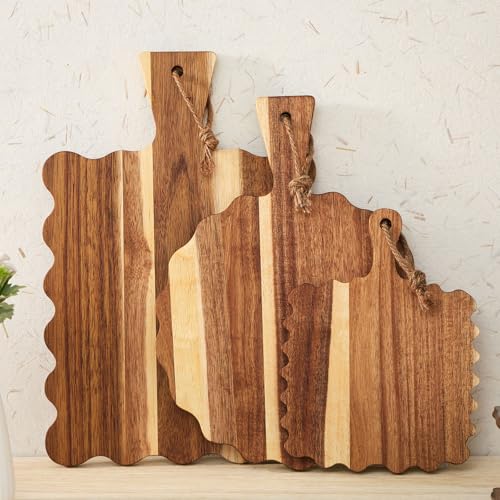 Novabright 3 Pcs Acacia Wood Scalloped Cutting and Chopping Board Decorative Cutting Boards for Kitchen Wooden Charcuterie Serving Tray for Cheese Meat Fruit Bread Baking(Handle Wavy) - style: Handle Wavy