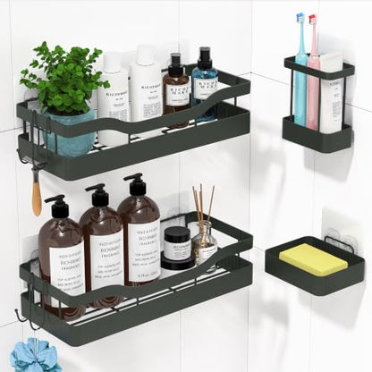 Heavy-Duty Adhesive Shower Rack, Dark Gray Storage | No Drill Wall Mounted Stainless Steel Shower Caddy Set with 44lbs Max Load, 0.43" Wire Spacing, Toothbrush & Soap Holder - color: Dark Gray