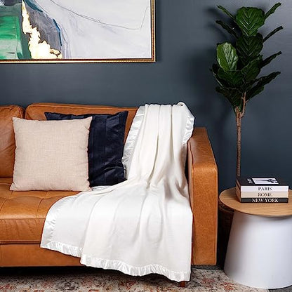 Thermal Waffle Knit Throw Blanket Satin Trim White 50" x 60" | Adult throw blanket with soft lightweight waffle knit design, satin trim & breathable layer for couch, bed & living room use. - color: White - Satin Trim