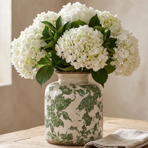 Vintage Green Ceramic Vase for Flower, Decorative Vases for Home Decor | 6.2in Rustic Tuscan Style Scroll Floral Holder, White Vase for Living Room, Mantel, Kitchen, Centerpieces, Tables - size: Small