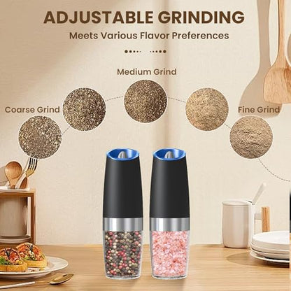 Battery Gravity Salt Pepper Grinder Set, 2 Pack (Black) | Gravity Automatic Grinder With LED Light & Adjustable Roughness, Each Requires 6 AAA Batteries For Kitchen Daily Seasoning - color: Battery/Set/Black