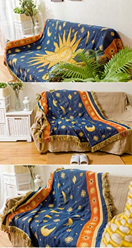 Erke Sun Blanket Hippy Celestial Couch Sheet Cover Wicca Home Decor 70"x90" | Sun Moon Witchy Hippie Decoration, Double Sided Cotton Woven 90s’ Throws Blankets for Couch Bed - size: 70" x 90"
