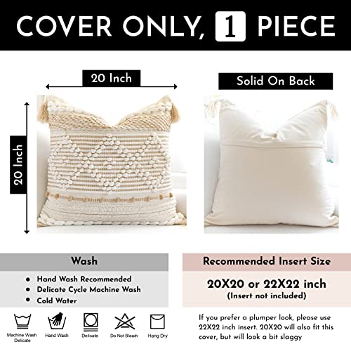 Cream White Boho Throw Pillow Cover 20X20, Boho Woven Textured Pillow Cover, Neutral Pillow Cover, Sofa Couch Bed Farmhouse Lumbar Pillow (Cover ONLY) - color: Cream, size: 20" x 20" (Pack of 1)