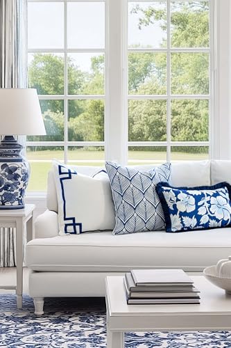 Hofdeco Premium Coastal Patio Indoor Outdoor Throw Pillow Cover Only, 20"x20" Water Repellent for Backyard, Couch, Navy Blue Embroidered Frame Greek Key - color: Navy Blue Frame Greek Key 20"x20"
