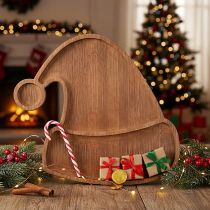 11.42 x 10.43 Inch Santa Hat Wood Serving Platter Board | Rustic Charcuterie Platter for Christmas Parties, Cheese Fruit Tray, Farmhouse Cutting Board for Holiday Table - style: Santa Hat