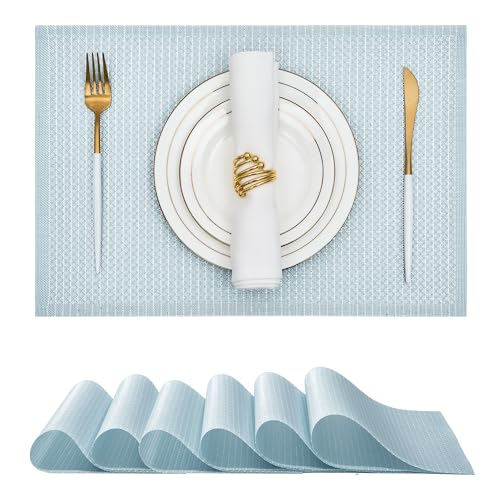 Leetaltree Woven Vinyl Placemats Set of 6, Mist Blue Sequin | Waterproof & Washable Dining Table Mats for Wedding, Anniversary, Daily Use, Hand-Cut, Easy to Clean - color: 00- Mist Blue Sequin, size: Set of 6