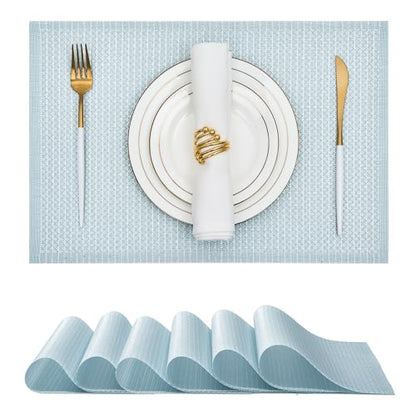 Leetaltree Woven Vinyl Placemats Set of 6, Mist Blue Sequin | Waterproof & Washable Dining Table Mats for Wedding, Anniversary, Daily Use, Hand-Cut, Easy to Clean - color: 00- Mist Blue Sequin, size: Set of 6