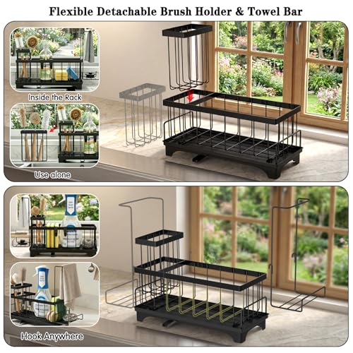 VOOWO Sponge Holder for Kitchen Sink, Compact Sink Caddy with Brush Holder | 304 Rustproof Stainless Steel Dish Soap Holder, Small Kitchen Sink Organizer, Self-Draining Dish Wand Holder with Towel Rack - color: Black