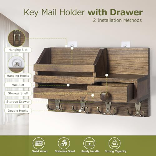 Key Holder Wall Mount, Wooden Key and Mail Organizer, Brown | 2 Mount Options, Includes 8 Hooks, Fence Mail Slot, Small Drawer and Shelf, for Entryway, Hallway, Doorway, Living Room, RV - color: Brown