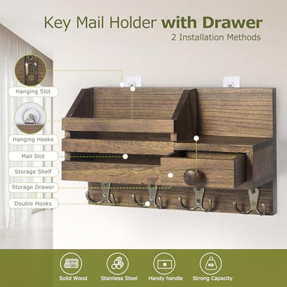 Key Holder Wall Mount, Wooden Key and Mail Organizer, Brown | 2 Mount Options, Includes 8 Hooks, Fence Mail Slot, Small Drawer and Shelf, for Entryway, Hallway, Doorway, Living Room, RV - color: Brown