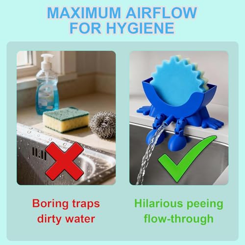 Cute Hanging Sponge Holder with Drainage for Kitchen Sink | 3D Printed Funny Countertop Sponge Holder, Keeps Sponge Dry, Suitable for Scrub Daddy Holder (Blue) - color: Blue
