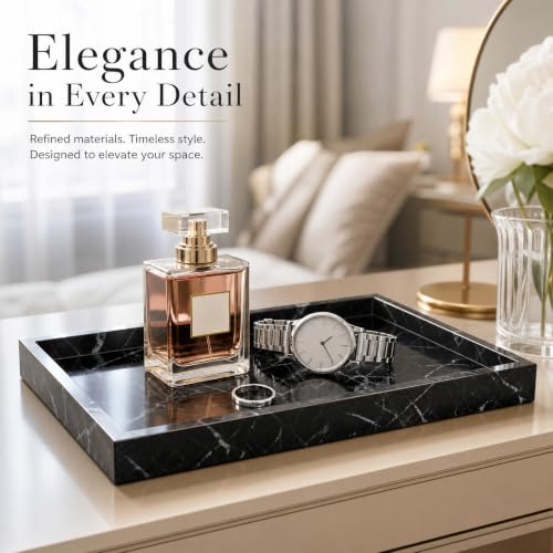 Real Natural Marble & Travertine Vanity Tray, Genuine Marble Serving Tray - color: Black Marble