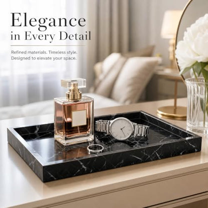 Real Natural Marble & Travertine Vanity Tray, Genuine Marble Serving Tray - color: Black Marble