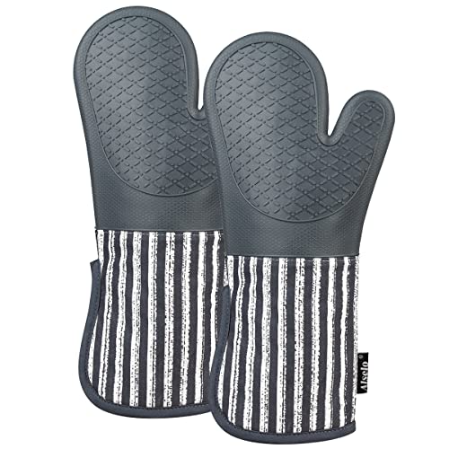 Alselo Silicone Oven Mitts Heat Resistant 932℉ with Waterproof & Non-Slip | Kitchen Mittens Set of 2,Extra Long 7.5"x15" Oven Gloves with Soft Cotton Terry Lining for Baking Cooking BBQ(Grey,2) - color: Gray