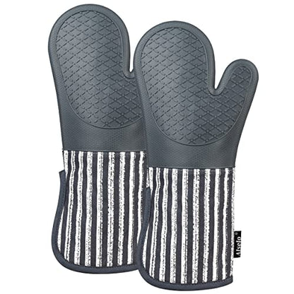 Alselo Silicone Oven Mitts Heat Resistant 932℉ with Waterproof & Non-Slip | Kitchen Mittens Set of 2,Extra Long 7.5"x15" Oven Gloves with Soft Cotton Terry Lining for Baking Cooking BBQ(Grey,2) - color: Gray