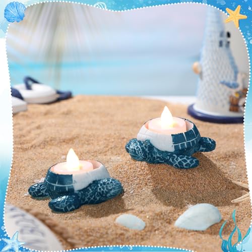 Reallnaive 2 Pcs Sea Turtle Tealight Candle Holder for Beach, Ocean Ceramic Turtle Candle Holder, Rustic Nautical Coastal Table Decor for Beach Bar Home Kitchen Housewarming Decor Gifts