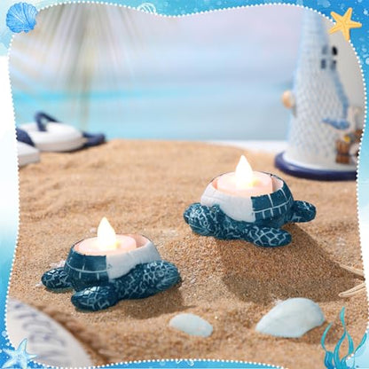 Reallnaive 2 Pcs Sea Turtle Tealight Candle Holder for Beach, Ocean Ceramic Turtle Candle Holder, Rustic Nautical Coastal Table Decor for Beach Bar Home Kitchen Housewarming Decor Gifts