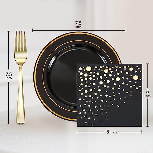 Black and Gold Dessert Plates Set, 100 Plates, Forks and Cocktail Napkins | Sturdy plastic, cake service, appetizer tables, salad course, weddings, graduations, easy cleanup - color: Black, style: Plates,Forks and Napkins
