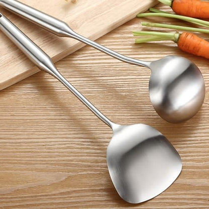304 Stainless Steel Cooking Utensils Set 4 Piece 15 Inch Large Size Metal Kitchen Utensils Set Including Spatula,Ladle,Serving Spoon,Meat Fork,Stainless Steel Cooking Tools - size: 4 Piece utensils(spoon and fork set)
