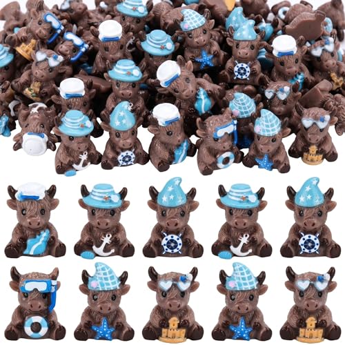 Yaomiao 60 Pcs Mini Resin Coastal Highland Cow Figurines Summer Ocean Highland Cow Statues Beach Coastal Farmhouse Decor Sea Cows Figure Table Decor for Holiday Festive Home Kitchen Tiered Tray - style: Summer Nautical
