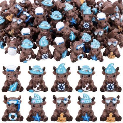 Yaomiao 60 Pcs Mini Resin Coastal Highland Cow Figurines Summer Ocean Highland Cow Statues Beach Coastal Farmhouse Decor Sea Cows Figure Table Decor for Holiday Festive Home Kitchen Tiered Tray - style: Summer Nautical