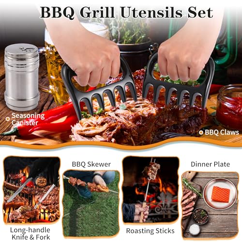 Camping Essentials Cookware Cooking Utensils Set - Portable Camp Kitchen Mess Kit Outdoor Accessories, Stainless Steel & Silicone, Camping Gear Equipment for RV Picnic Grill,Brown Pro | Stainless Steel & Silicone Mess Kit, Durable Outdoor Kitchen Gear for