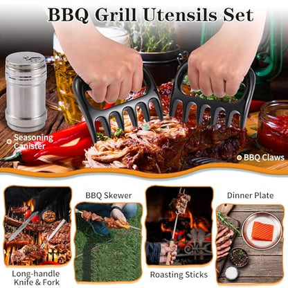 Camping Essentials Cookware Cooking Utensils Set - Portable Camp Kitchen Mess Kit Outdoor Accessories, Stainless Steel & Silicone, Camping Gear Equipment for RV Picnic Grill,Brown Pro | Stainless Steel & Silicone Mess Kit, Durable Outdoor Kitchen Gear for