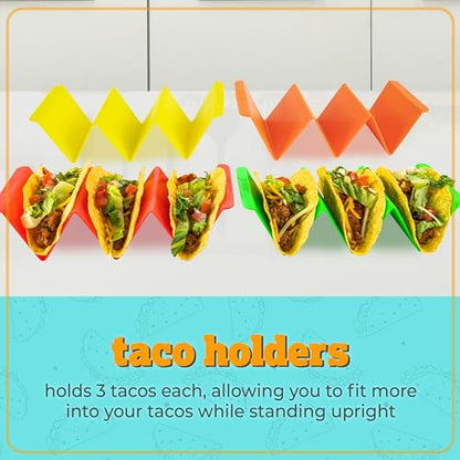 Taco Tuesday Complete Taco Serving Set with Tortilla Warmer, Salsa Bowls, Shell Holders, and Mortar and Pestle - 9-Piece Set - Red, Yellow, and Green - style: Taco Holder Set