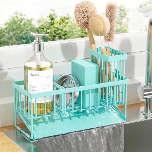 Cisily Kitchen Sink Caddy Organzier with High Brush Holder, Sponge Holder for Sink, 304 Rustproof Stainless, Kitchen Countertop Soap Dispenser Organizer (Turquoise, 9.25″) - color: Turquoise, size: 9.25″